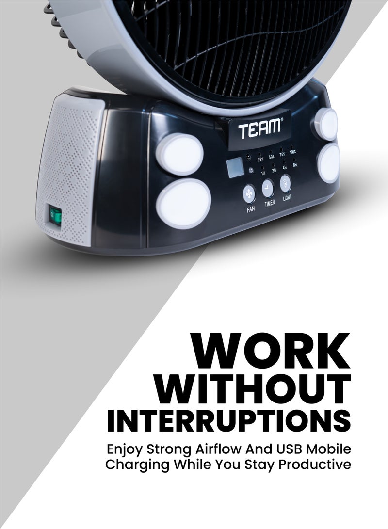 تيم TEAM Rechargeable Emergency Fan – 12" AC/DC Operated, 6-Speed Wind Adjustment, LED Light, USB Mobile Charging, Timer Display, Solar Compatible, Long Battery Life - Image 3